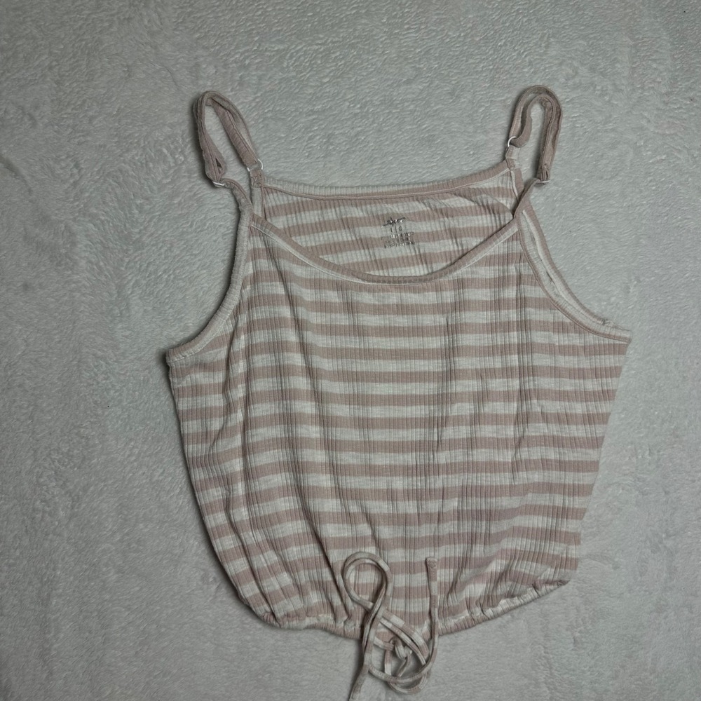 Aerie Women's L Pink White Striped Rib Knit Cami Tank Drawstring Hem Fairycore